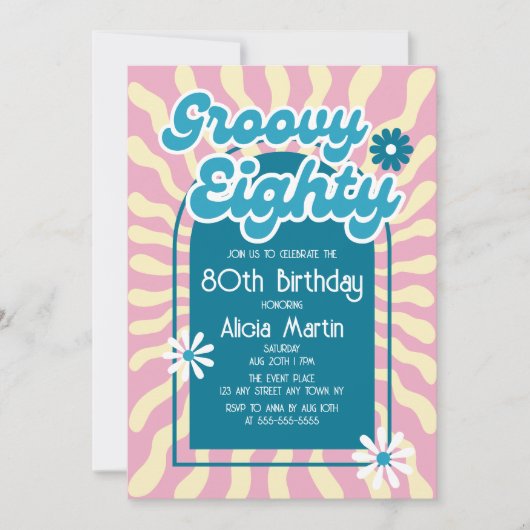 Retro Sun Wave Daisy Groovy Blauw 80ste Verjaardag Kaart (Voorkant)