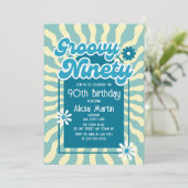 Retro Sun Wave Daisy Groovy Blauw 90ste Verjaardag Kaart (Staand voorkant)