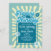 Retro Sun Wave Daisy Groovy Blauw 90ste Verjaardag Kaart (Voorkant / Achterkant)