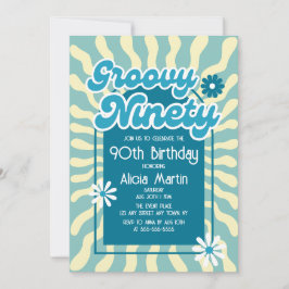 Retro Sun Wave Daisy Groovy Blauw 90ste Verjaardag Kaart