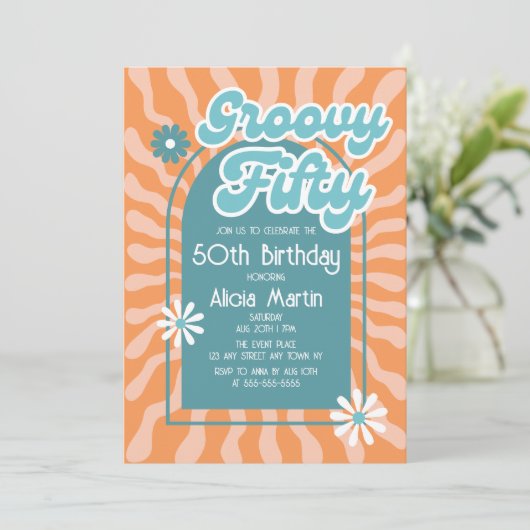 Retro Sun Wave Daisy Groovy Green 50e verjaardag Kaart (Staand voorkant)