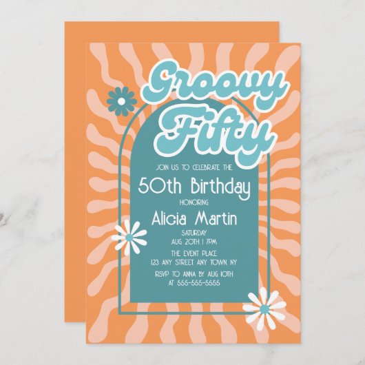 Retro Sun Wave Daisy Groovy Green 50e verjaardag Kaart (Voorkant / Achterkant)