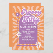 Retro Sun Wave Daisy Groovy Paarse 50e Verjaardag Kaart (Voorkant / Achterkant)