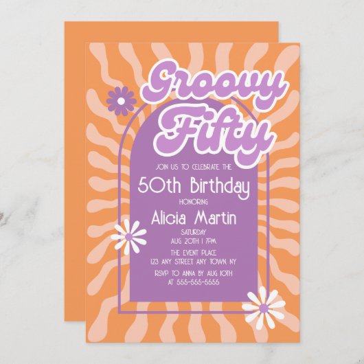 Retro Sun Wave Daisy Groovy Paarse 50e Verjaardag Kaart (Voorkant / Achterkant)