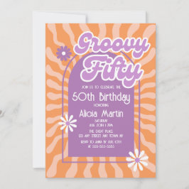 Retro Sun Wave Daisy Groovy Paarse 50e Verjaardag Kaart