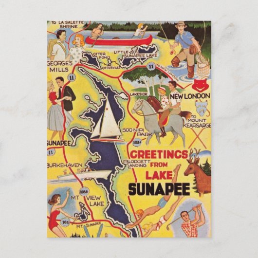 Retro Sunapee-meer NH Briefkaart (Voorkant)