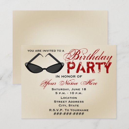 Retro Sunbril Birthday Party Invitation Kaart (Voorkant / Achterkant)