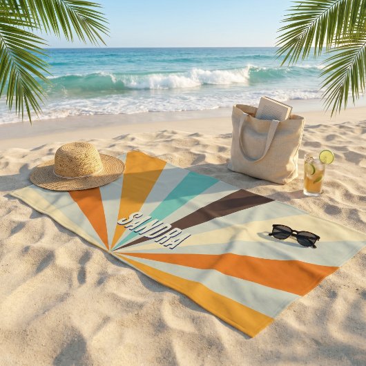 Retro Sunburst Aangepaste Naam Groovy Vintage Groe Strandlaken