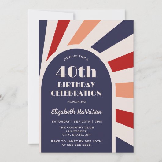Retro Sunburst Arch Lijst Typografie Birthday Navy Kaart (Voorkant)