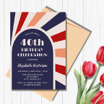 Retro Sunburst Arch Lijst Typografie Birthday Navy Kaart<br><div class="desc">Donkere marine,  rood en roze retro zonneboog lijst typografie verjaardagsuitnodiging. Kan voor om het even welke leeftijd worden aangepast!</div>