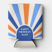 Retro Sunburst Arch Typografie Verjaardag Blauw Blikjeskoeler (Voorkant)