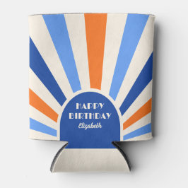 Retro Sunburst Arch Typografie Verjaardag Blauw Blikjeskoeler