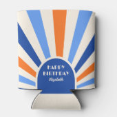 Retro Sunburst Arch Typografie Verjaardag Blauw Blikjeskoeler (Achterkant)