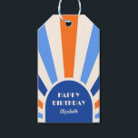 Retro Sunburst Arch Typografie Verjaardag Blauw Cadeaulabel<br><div class="desc">Blauw,  sinaasappel en crème retro zonneschijn boog lijst typografie happy birthday cadeau label. Pas de tekst van deze verjaardagsfeestleveranciers eenvoudig aan met behulp van de meegeleverde sjabloon.</div>