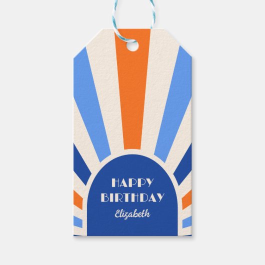 Retro Sunburst Arch Typografie Verjaardag Blauw Cadeaulabel (Voorkant)