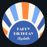 Retro Sunburst Arch Typografie Verjaardag Blauw Ronde Sticker<br><div class="desc">Blauw,  sinaasappel en crème retro zonneschijn boog lijst typografie happy birthday stickers Gemakkelijk aanpassen van de tekst van deze verjaardagsfeestleveranciers met behulp van de sjabloon voorzien.</div>