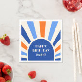 Retro Sunburst Arch Typografie Verjaardag Blauw Servet (Insitu)