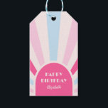 Retro Sunburst Arch Typografie Verjaardag Roze Cadeaulabel<br><div class="desc">Roze en blauw retro zonneschijn boog lijst typografie happy birthday cadeau label. Pas de tekst van deze verjaardagsfeestleveranciers eenvoudig aan met behulp van de meegeleverde sjabloon.</div>
