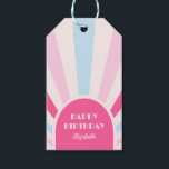 Retro Sunburst Arch Typografie Verjaardag Roze Cadeaulabel<br><div class="desc">Roze en blauw retro zonneschijn boog lijst typografie happy birthday cadeau label. Pas de tekst van deze verjaardagsfeestleveranciers eenvoudig aan met behulp van de meegeleverde sjabloon.</div>
