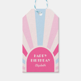 Retro Sunburst Arch Typografie Verjaardag Roze Cadeaulabel