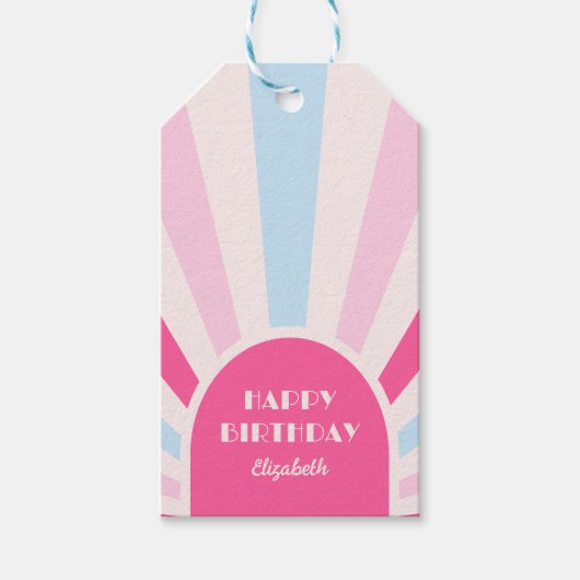 Retro Sunburst Arch Typografie Verjaardag Roze Cadeaulabel (Voorkant)