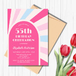 Retro Sunburst Arch Typografie Verjaardag Roze Kaart<br><div class="desc">Roze en blauw retro zonneschijn boog lijst typografie verjaardagsuitnodiging. Kan voor om het even welke leeftijd worden aangepast!</div>