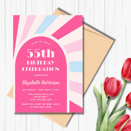 Retro Sunburst Arch Typografie Verjaardag Roze Kaart