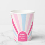 Retro Sunburst Arch Typografie Verjaardag Roze Papieren Bekers<br><div class="desc">Roze en blauw retro zonneschijn boog lijst typografie happy birthday paper cups Gemakkelijk aanpassen van de tekst van deze verjaardagsfeestleveranciers met behulp van de sjabloon voorzien.</div>