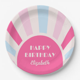 Retro Sunburst Arch Typografie Verjaardag Roze Papieren Bordje