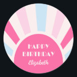 Retro Sunburst Arch Typografie Verjaardag Roze Ronde Sticker<br><div class="desc">Roze en blauw retro zonneschijn boog lijst typografie verjaardag stickers. Pas de tekst van deze verjaardagsfeestleveranciers eenvoudig aan met behulp van de meegeleverde sjabloon.</div>