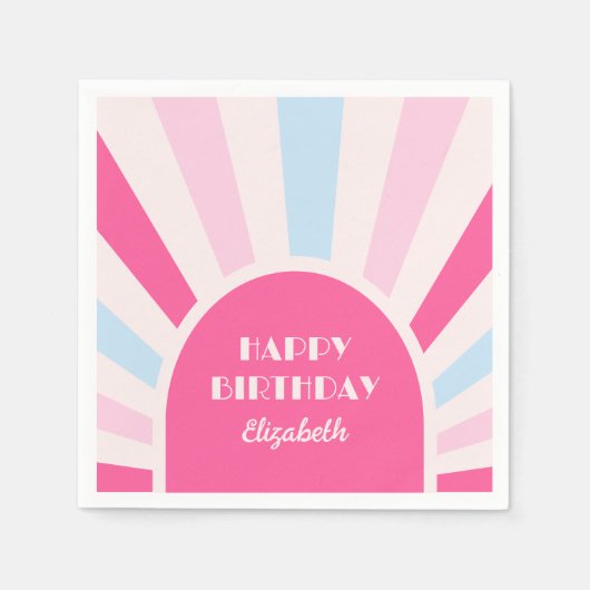 Retro Sunburst Arch Typografie Verjaardag Roze Servet (Voorkant)