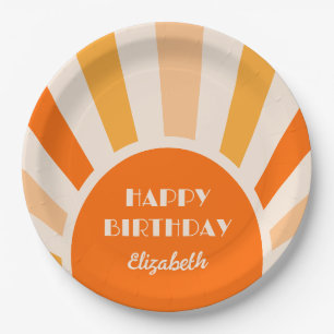 Retro Sunburst Arch Typografie Verjaardagsplezier Papieren Bordje