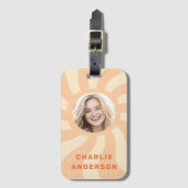 Retro sunburst werveling oranje zon foto en naam bagagelabel (Voorkant (verticaal))