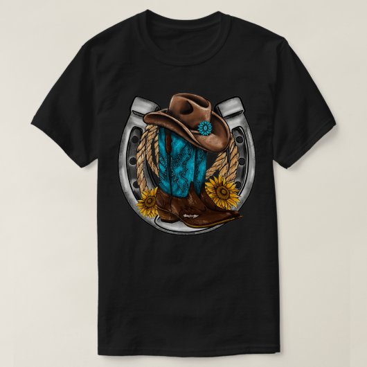 Retro Sunflower Horseshoe Cowgirl Boots Hat Rope W T-shirt (Design voorkant)