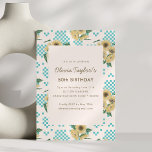 Retro Sunflower Turquoise Checkered 50th Birthday Kaart<br><div class="desc">This birthday invitation features cheerful sunflowers paired with a retro turquoise checkerboard pattern and a soft cream panel for the event details. The playful mix of florals and vintage pattern creates a fun, summery look perfect for milestone birthday celebrations. Ideal for garden parties, backyard gatherings, or festive summer birthdays. A...</div>