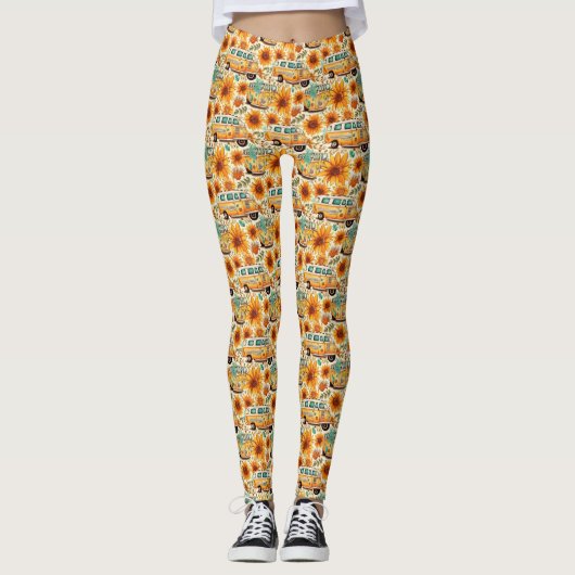 Retro Sunflower Van Pattern – Vintage Boho Hippie Leggings (Voorkant)