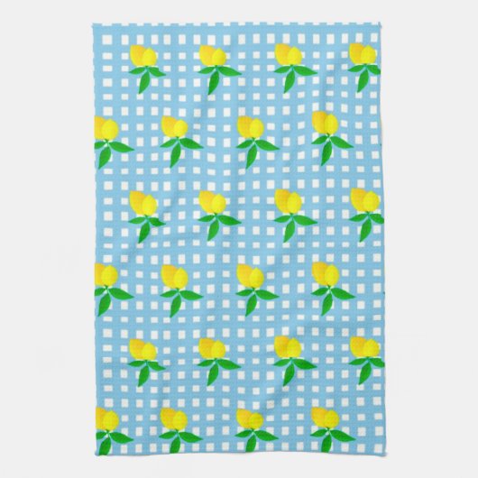 Retro Sunny Yellow Lemon Blue White Check Theedoek (Verticaal)