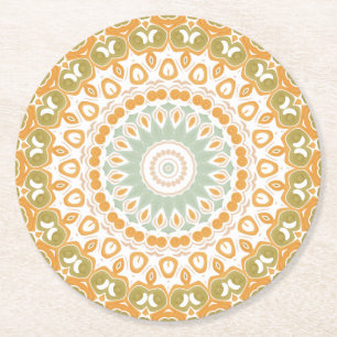 Retro Sunrise Mandala in Oranje, Groen en Bruin Ronde Kartonnen Onderzetter