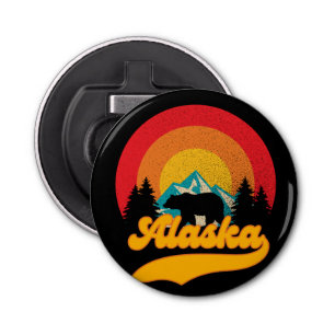 Retro Sunset Alaska Juneau Beer Mountains Wild AK Button Flesopener