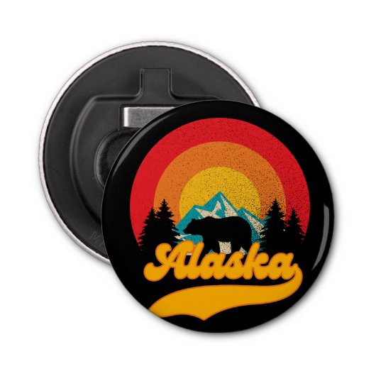 Retro Sunset Alaska Juneau Beer Mountains Wild AK Button Flesopener (Voorkant)