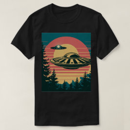 Retro Sunset Alien Spaceship Trees Zwart T-shirt