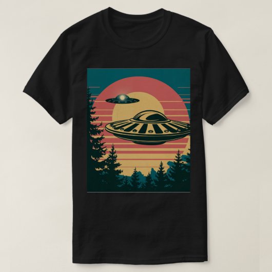 Retro Sunset Alien Spaceship Trees Zwart T-shirt (Design voorkant)