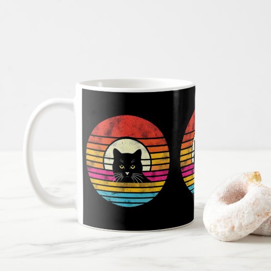 Retro Sunset Black Cat voor kattenliefhebbers en e Koffiemok (Met donut)