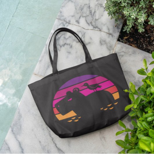 Retro Sunset Capybara en Bird Tote Bag