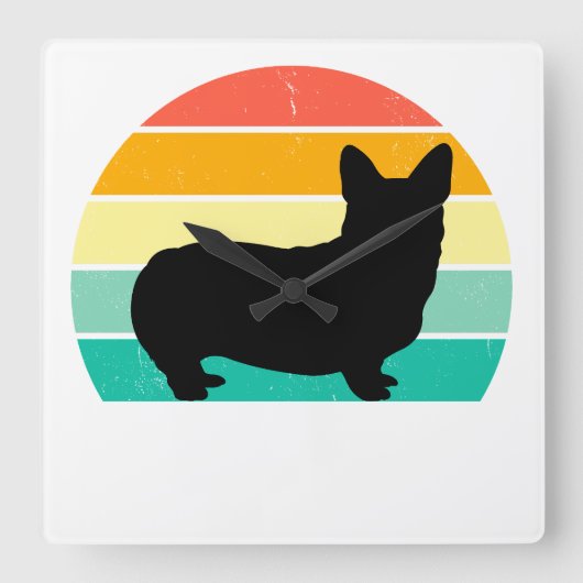 Retro Sunset Corgi Vierkante Klok (Voorkant)
