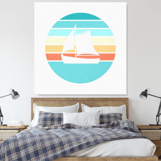 Retro Sunset Distressed Effect + Zeilboot Canvas Afdruk (Insitu (Slaapkamer))