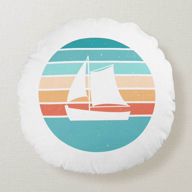 Retro Sunset Distressed Effect + Zeilboot Rond Kussen (Voorkant)