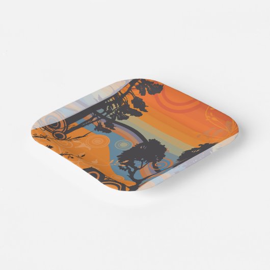 Retro Sunset Forest Landschap Abstract Papieren Bordje (Gebogen)