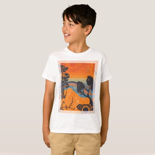 Retro Sunset Forest Landschap Abstract T-shirt (Voorkant volledig)