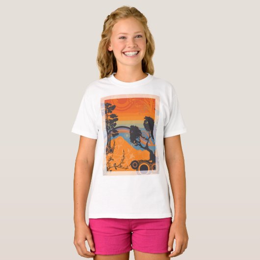 Retro Sunset Forest Landschap Abstract T-shirt (Voorkant volledig)